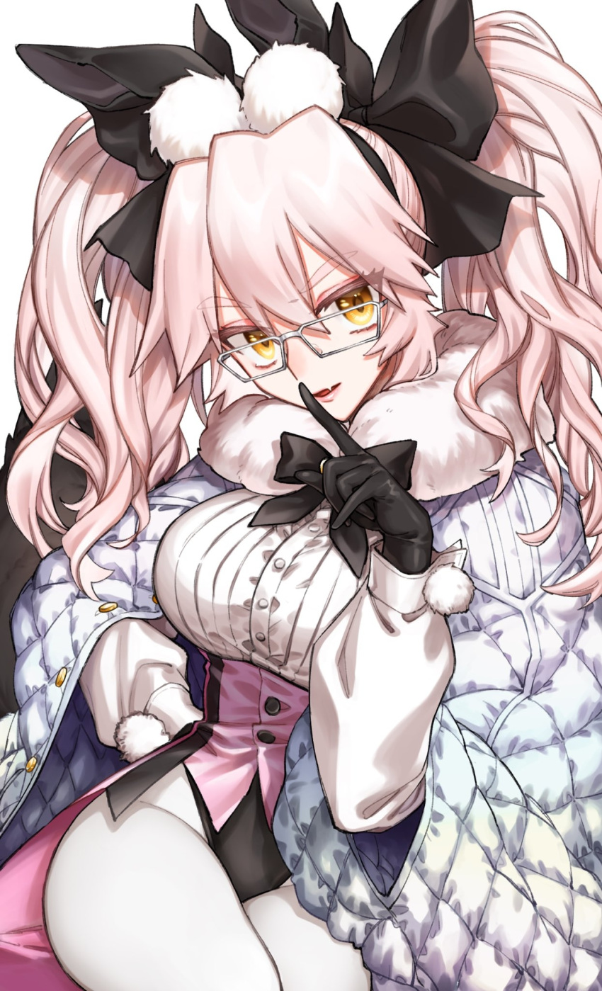 1girl animal_ear_fluff animal_ears black_gloves black_ribbon breasts eyebrows_visible_through_hair fang fate/grand_order fate_(series) fox_ears fox_girl fox_tail glasses gloves hair_ribbon highres koyanskaya_(fate) koyuki_suzu large_breasts leotard long_hair looking_at_viewer open_mouth pink_hair rabbit_ears ribbon simple_background solo tail tamamo_(fate) twintails white_background white_leotard yellow_eyes