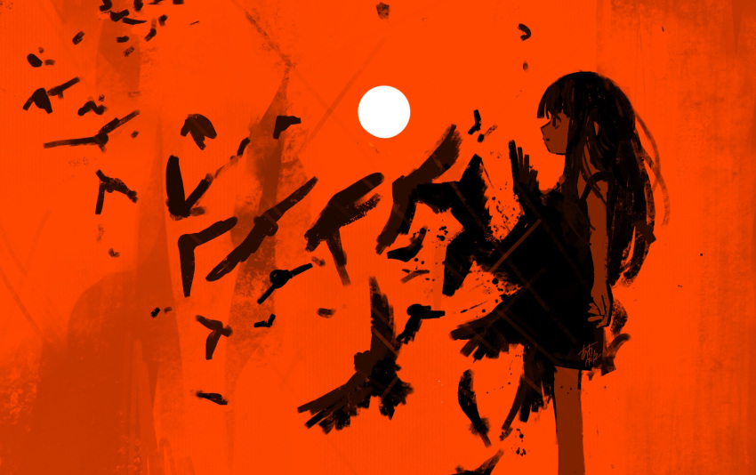 1girl arms_at_sides bird commentary_request dress feathers feet_out_of_frame flock from_side furude_rika highres higurashi_no_naku_koro_ni long_hair looking_away momotarekawa monochrome orange_theme profile signature solo standing sun sundress surreal