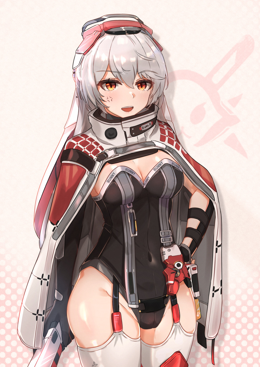 1girl absurdres anger_vein armored_leotard black_leotard breasts charolic_(girls'_frontline_2) cleavage commentary_request covered_navel eyebrows_visible_through_hair feet_out_of_frame garter_straps girls'_frontline girls'_frontline_2:_exilium grey_hair hand_on_hip highres leotard long_hair looking_at_viewer medium_breasts muteppona_hito open_mouth orange_eyes solo thighhighs white_legwear