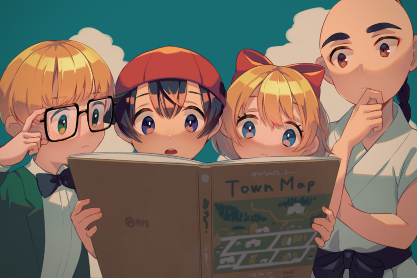 1girl 3boys black_hair blonde_hair blue_eyes brown_eyes glasses green_eyes jeff_andonuts mother_(game) mother_2 multiple_boys ness_(mother_2) paula_(mother_2) poo_(mother_2) ribbon shifumame