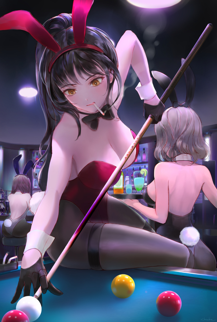 3girls absurdres animal_ears ashtray ass ball bangs bar bar_stool bare_back bare_shoulders billiard_ball billiards black_bow black_bowtie black_gloves black_hair black_legwear black_leotard bow bowtie breasts brown_hair ceiling_light chowbie cigarette cleavage coffee_maker_(object) commentary cue_stick cup detached_collar drink drinking_glass english_commentary eyebrows_visible_through_hair fake_animal_ears fake_tail gloves hairband highres holding holding_tray indoors large_breasts leotard medium_breasts mouth_hold multiple_girls orange_eyes original pantyhose playboy_bunny ponytail rabbit_ears rabbit_tail red_hairband red_leotard short_hair sideboob sitting smoke smoking stool strapless strapless_leotard tail thigh_strap tray wrist_cuffs