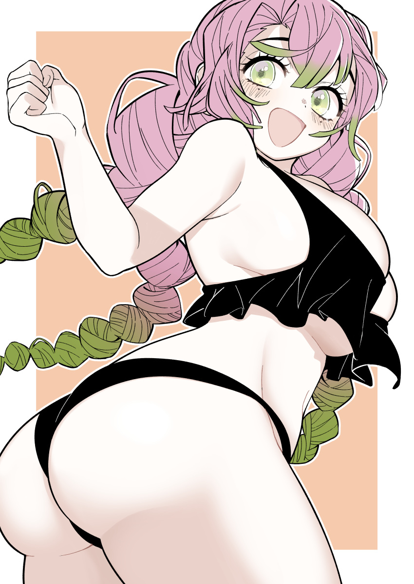 1girl :d absurdres alternate_costume ass ass_focus bangs bikini black_bikini breasts from_side gradient_hair green_eyes green_hair hands_up highres kanroji_mitsuri kimetsu_no_yaiba large_breasts long_hair looking_back mole mole_under_eye multicolored_hair nadenade_hutomomo orange_background pink_hair simple_background smile solo swimsuit thighs tri_braids two-tone_background underboob white_background