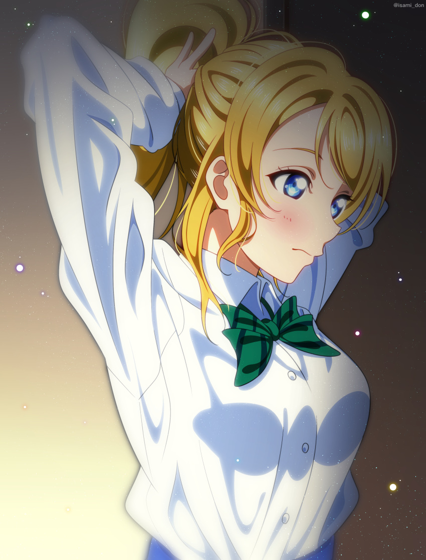 1girl absurdres adjusting_hair arms_up artist_name ayase_eli blonde_hair blue_eyes blush bow bowtie breasts closed_mouth commentary_request green_bow green_bowtie highres isami_don long_hair long_sleeves love_live! love_live!_school_idol_project medium_breasts otonokizaka_school_uniform ponytail school_uniform shirt solo striped striped_bow striped_bowtie upper_body white_shirt