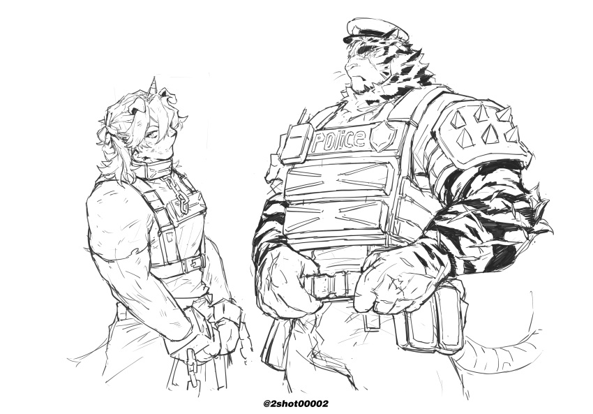 2boys absurdres animal_ears arknights bangs bara bare_shoulders cropped_legs cuffs dog_boy dog_ears from_side furry furry_male greyscale handcuffs hat highres horns hung_(arknights) male_focus medium_hair monochrome mountain_(arknights) multiple_boys muscular muscular_male pectorals police police_hat police_uniform policeman scar scar_across_eye short_hair shoulder_spikes sigppang_(2shot00002) single_horn spikes tiger_boy tiger_ears unfinished uniform white_fur