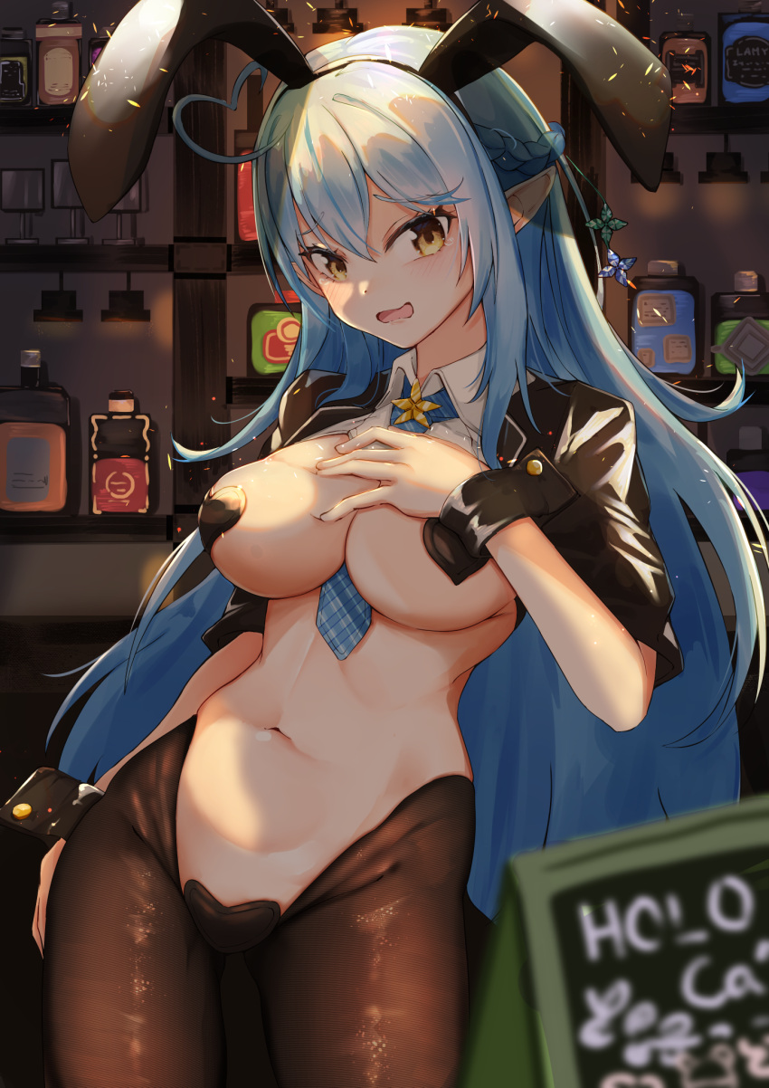1girl ahoge animal_ears bangs bar between_breasts black_hairband blue_hair blue_necktie bottle braid breasts brown_legwear commentary_request eyebrows_visible_through_hair fake_animal_ears hair_between_eyes hairband hand_on_own_chest heart_ahoge heart_pasties highres hololive indoors large_breasts long_hair looking_at_viewer maebari meme_attire menu_board minertime navel necktie necktie_between_breasts open_mouth pantyhose pasties pointy_ears rabbit_ears reverse_bunnysuit reverse_outfit short_sleeves shrug_(clothing) solo stomach tearing_up very_long_hair virtual_youtuber wrist_cuffs yellow_eyes yukihana_lamy