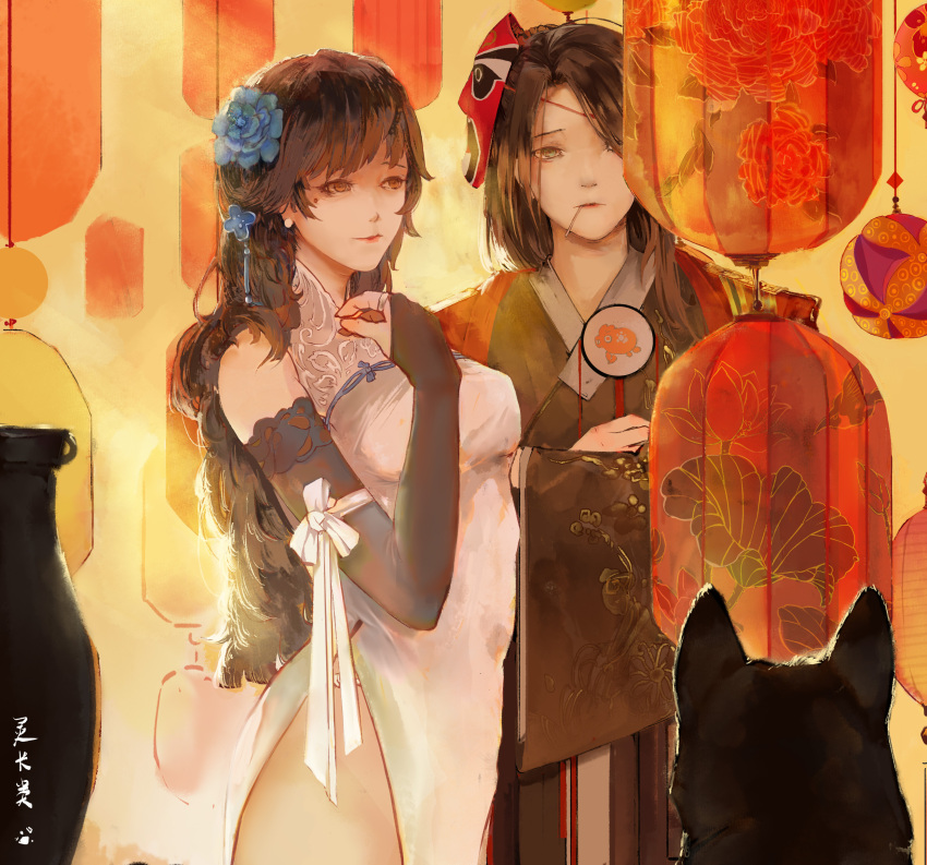 2girls absurdres alternate_costume baboon_(artist) blue_flower breasts bridal_gauntlets brown_eyes brown_hair character_request check_character china_dress chinese_clothes dog dress elbow_gloves festival floral_print flower girls'_frontline gloves grey_eyes hair_flower hair_ornament hand_on_own_chest hanging_lantern highres japanese_clothes kimono knot lace_collar lantern lee-enfield_(girls'_frontline) lips lipstick long_hair makeup matchstick medium_breasts mole mole_under_eye multiple_girls official_alternate_costume paper_lantern strong thighs translation_request type_95_(girls'_frontline) vase very_long_hair white_dress