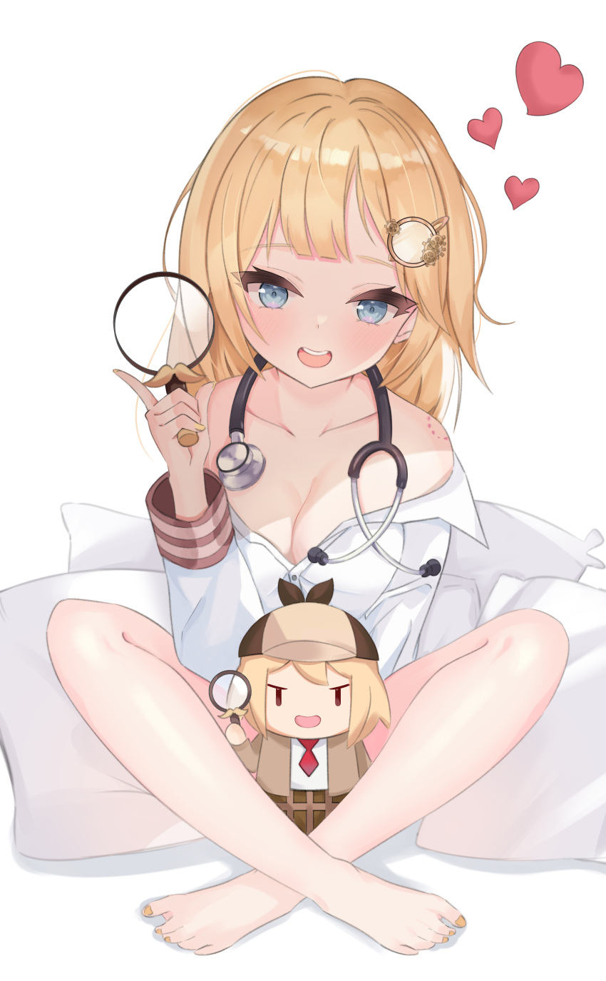 1girl :d absurdres bangs bite_mark blonde_hair blue_eyes detective full_body hair_ornament heart highres holding hololive hololive_english indian_style long_sleeves looking_at_viewer magnifying_glass monocle_hair_ornament nail_polish open_mouth pillow shirt short_hair simple_background sitting smile smol_ame solo stethoscope toenail_polish toenails virtual_youtuber watson_amelia white_background white_shirt xxdentera yellow_nails