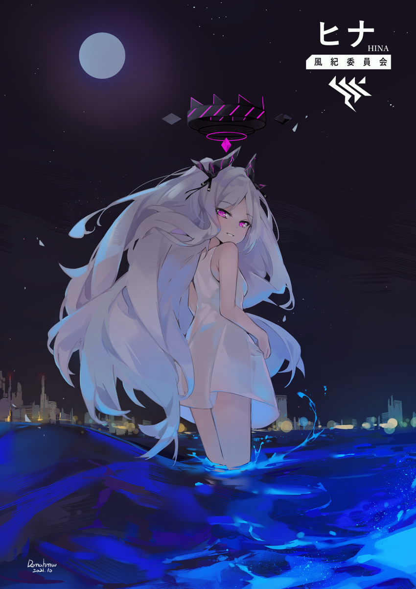 1girl artist_name black_ribbon blue_archive character_name commentary_request dated dema_hmw dress from_behind full_moon hair_ribbon halo highres hina_(blue_archive) long_hair looking_at_viewer looking_back moon night night_sky ocean parted_lips partially_submerged pink_eyes ribbon sky sleeveless sleeveless_dress smile solo standing thighs very_long_hair water white_dress white_hair