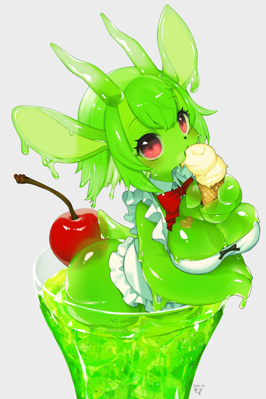 1girl animal_ears animal_nose bow bowtie breasts cherry cleavage commentary_request core eyebrows_visible_through_hair food fruit furry furry_female green_hair grey_background heart highres holding holding_food horns ice_cream kishibe large_breasts looking_at_viewer monster_girl original red_bow red_bowtie red_eyes simple_background slime_girl snout solo