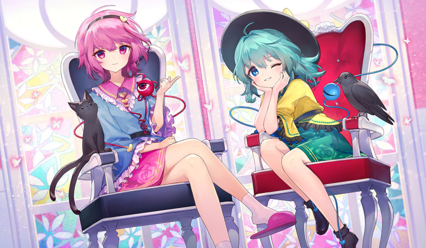 2girls ainy animal_ears bangs blue_eyes blue_shirt blush_stickers boots bow bug butterfly cat_ears cat_tail chair commentary crossed_legs eyeball floral_print frilled_shirt_collar frilled_skirt frilled_sleeves frills full_body green_bow green_hair green_skirt hands_on_own_chin hat hat_ribbon kaenbyou_rin kaenbyou_rin_(cat) komeiji_koishi komeiji_satori looking_at_viewer multiple_girls multiple_tails nekomata on_lap one_eye_closed open_mouth pink_eyes pink_hair pink_skirt reiuji_utsuho reiuji_utsuho_(bird) ribbon rose_print shirt short_hair siblings sisters sitting skirt slippers smile socks soles tail third_eye touhou two_tails white_legwear wide_sleeves window yellow_ribbon yellow_shirt