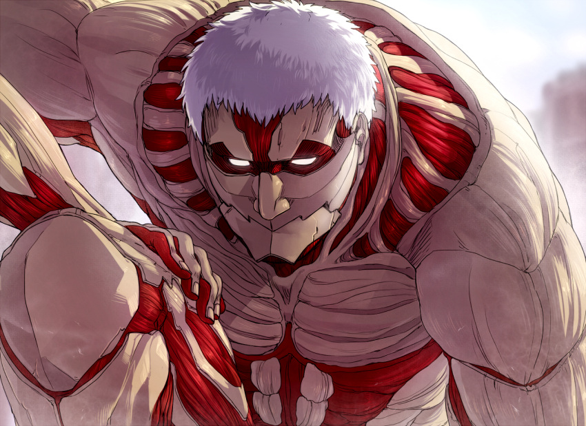 1boy abs armored_titan giant glowing glowing_eyes leaning_forward male_focus muscular muscular_male nene_(10575936) one_knee pectorals shingeki_no_kyojin short_hair solo white_hair