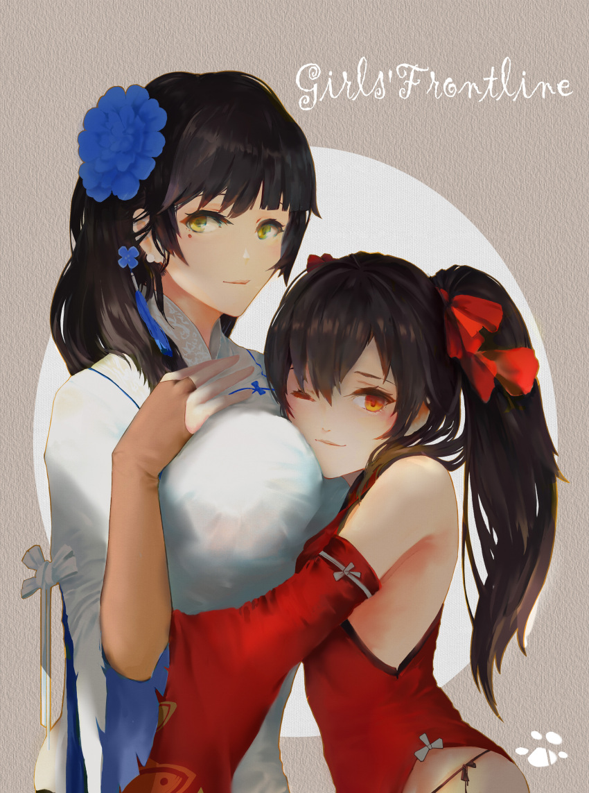 2girls absurdres baboon_(artist) beige_background between_breasts bow breast_hold breasts bridal_gauntlets brown_hair china_dress chinese_clothes closed_mouth copyright_name detached_sleeves dress earrings flower girls'_frontline green_eyes hair_bow hair_flower hair_ornament head_between_breasts high_ponytail highres hug huge_breasts jewelry knot mole mole_under_eye multiple_girls one_eye_closed panties paw_print red_bow red_dress red_eyes side-tie_panties size_difference sleeveless sleeveless_dress stud_earrings texture type_95_(girls'_frontline) type_97_(girls'_frontline) underwear white_background yuri