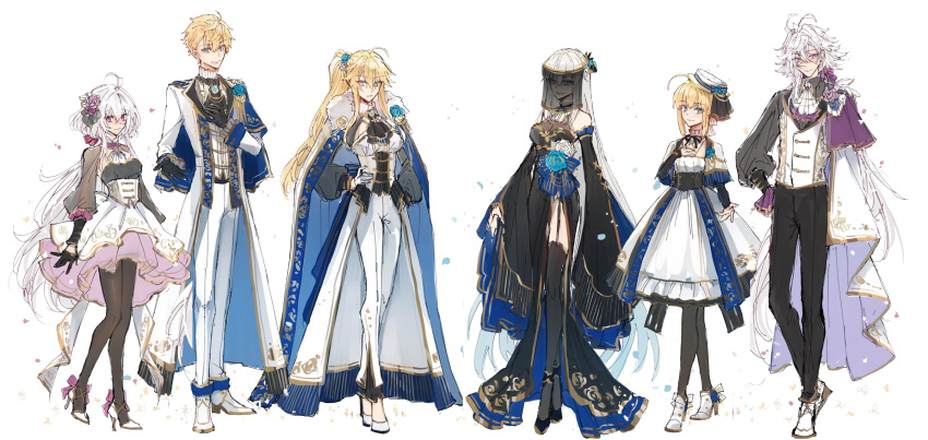 2boys 4girls ahoge arthur_pendragon_(fate) artoria_pendragon_(fate) artoria_pendragon_(lancer)_(fate) blonde_hair breasts detached_sleeves dress eyebrows_visible_through_hair fate/grand_order fate_(series) flower formal full_body gloves hair_between_eyes hair_flower hair_ornament hat high_heels highres large_breasts lindanyunyu long_hair long_sleeves looking_at_viewer merlin_(fate) merlin_(fate/prototype) morgan_le_fay_(fate) multiple_boys multiple_girls pantyhose ponytail saber simple_background standing suit thighhighs veil very_long_hair white_background white_hair