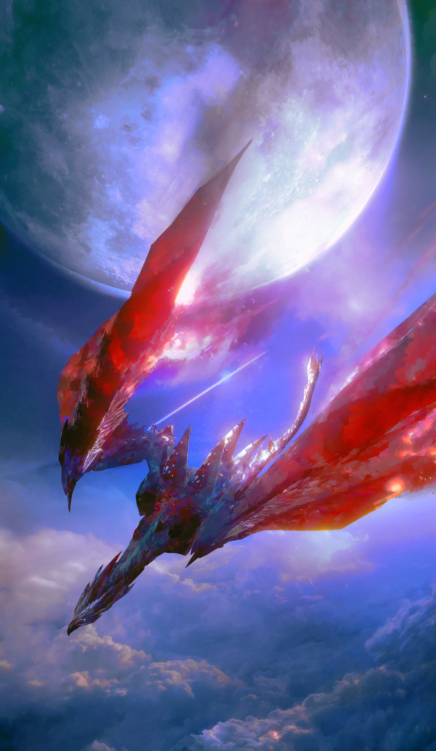 above_clouds absurdres animal_focus cloud dragon fire flying highres monster_hunter_(series) monster_hunter_rise moon night night_sky no_humans norino_(106592473) outdoors scenery sky valstrax wings