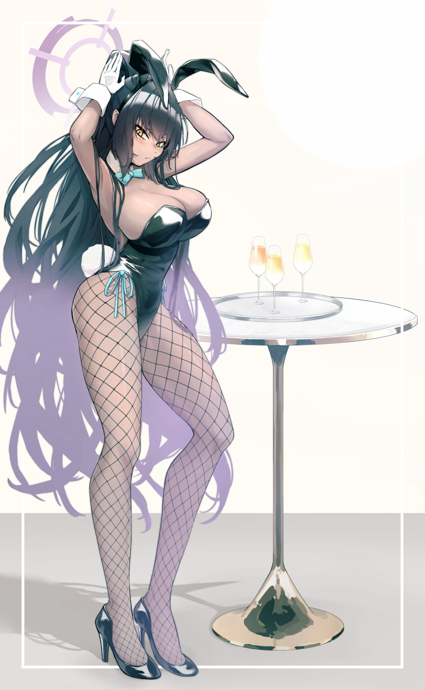 1girl absurdres alcohol animal_ears bare_shoulders black_footwear blue_archive bow bowtie breasts cleavage commentary_request cup dark-skinned_female dark_skin detached_collar drinking_glass fake_animal_ears fishnet_legwear fishnets highres karin_(blue_archive) large_breasts legs long_hair looking_at_viewer oukafafafa playboy_bunny ponytail rabbit_ears shoes solo standing table thighs very_long_hair