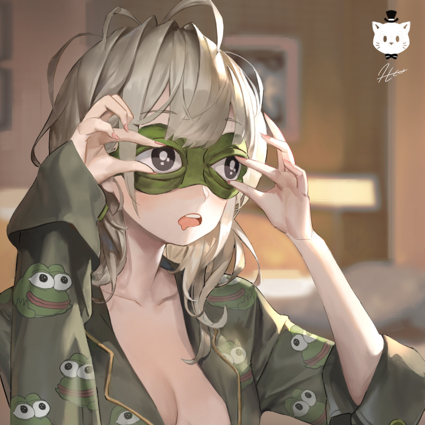 1girl absurdres animal_print antenna_hair artist_logo bad_hands blonde_hair blurry blurry_background breasts character_print collarbone commentary drooling english_commentary eyebrows_visible_through_hair fingernails frog_print green_pajamas hair_intakes hands_up highres indoors jung_wonjo long_sleeves medium_breasts messy_hair mouth_drool multiple_sources open_clothes open_mouth open_pajamas original pajamas pepe_the_frog picture_(object) pink_nails print_pajamas signature sleep_mask sleepy solo teeth themed_object upper_body upper_teeth