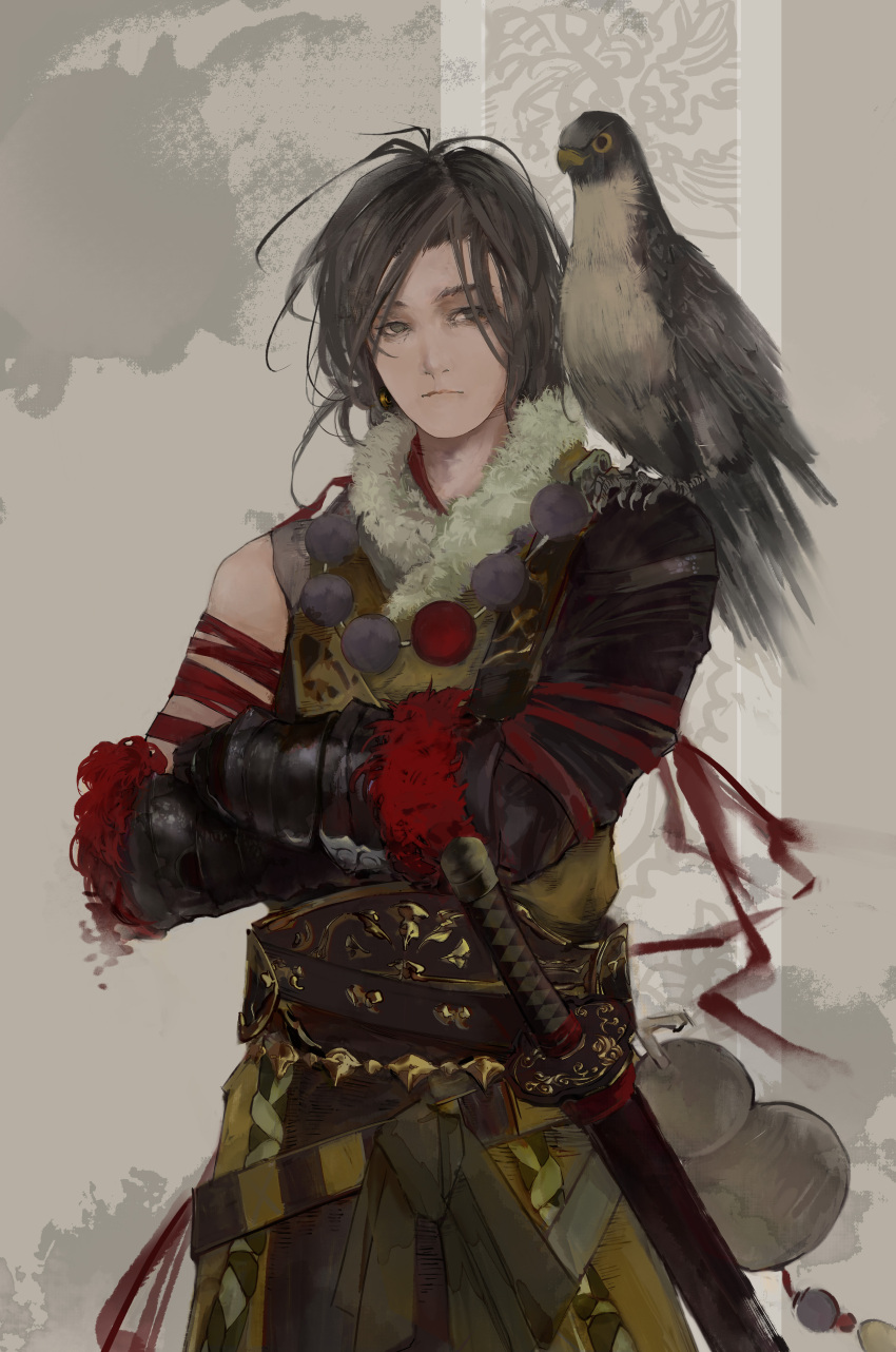 1boy absurdres animal_on_shoulder avatar_(ffxiv) baboon_(artist) banner bead_necklace beads beige_background belt bird bird_on_shoulder bracer closed_mouth commentary cowboy_shot crossed_arms english_commentary falcon fantasy filigree final_fantasy final_fantasy_xiv fur_collar girdle gourd grey_eyes highres jewelry katana long_hair looking_to_the_side male_focus necklace original red_ribbon ribbon samurai samurai_(final_fantasy) sheath sheathed solo sword tassel tsurime vambraces weapon