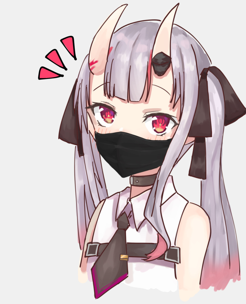 ! 1girl bare_shoulders black_ribbon blush collar dildo dildo_under_mask heart heart-shaped_pupils highres hime_apple hololive horns mask mouth_mask multicolored_hair nakiri_ayame necktie oni oni_horns red_eyes ribbon sex_toy shirt simple_background solo symbol-shaped_pupils twintails virtual_youtuber white_shirt