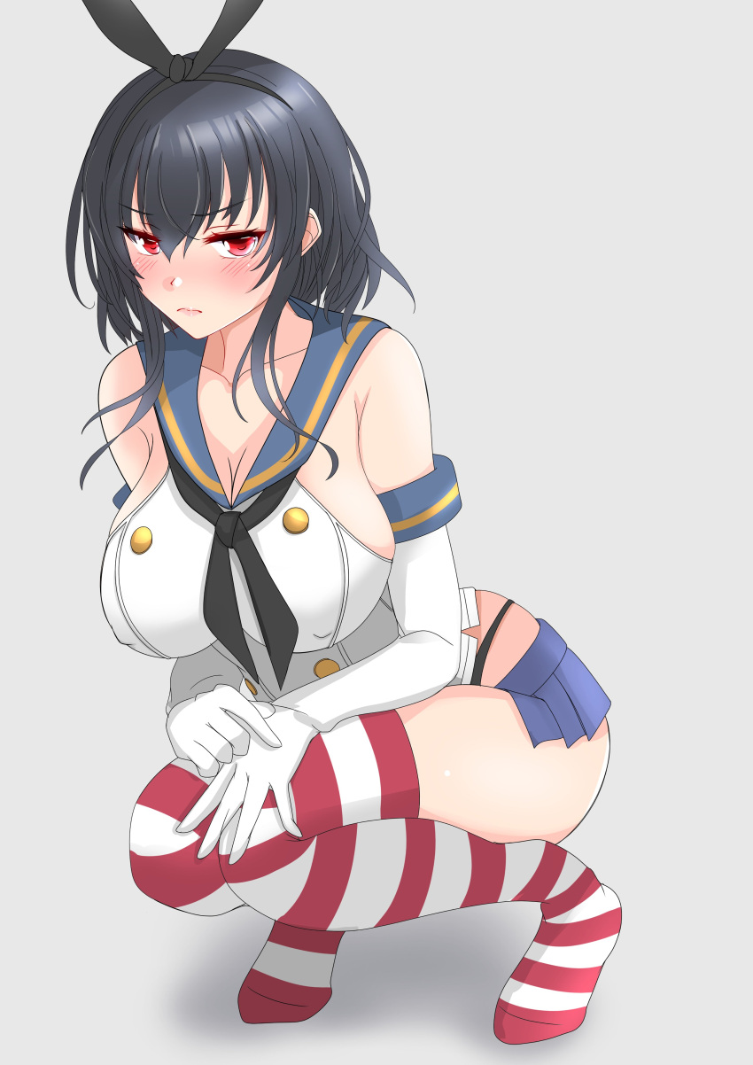 1girl absurdres animal_ears black_hair black_neckerchief black_panties blue_sailor_collar blue_skirt blush breasts cleavage closed_mouth commentary_request cosplay cropped_shirt detached_sleeves elbow_gloves eyebrows_visible_through_hair fake_animal_ears gloves grey_background hair_between_eyes highres kantai_collection large_breasts neckerchief nitamako_(sakamalh) panties pleated_skirt rabbit_ears red_eyes sailor_collar school_uniform serafuku shimakaze_(kancolle) shimakaze_(kancolle)_(cosplay) shirt short_hair simple_background skirt solo squatting striped striped_legwear thighhighs underwear uniform white_gloves white_shirt yamashiro_(kancolle)