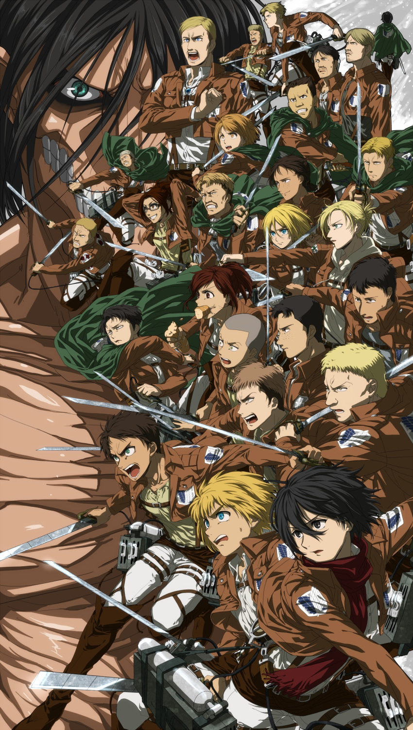 6+boys 6+girls absurdres annie_leonhardt armin_arlert auruo_bossard bertolt_hoover black_hair blonde_hair brown_hair capelet character_request christa_renz connie_springer cropped_jacket dark-skinned_male dark_skin erd_gin eren_yeager erwin_smith everyone fighting_stance frown giant giant_male green_capelet gunter_shulz hange_zoe hannes_(shingeki_no_kyojin) highres jacket jean_kirchstein leather leather_jacket levi_(shingeki_no_kyojin) male_focus marco_bodt mikasa_ackerman mike_zakarius multiple_boys multiple_girls nanaba pants paradis_military_uniform petra_ral reiner_braun sasha_braus shingeki_no_kyojin short_hair three-dimensional_maneuver_gear titan_(shingeki_no_kyojin) white_pants ymir_(shingeki_no_kyojin) zyunya