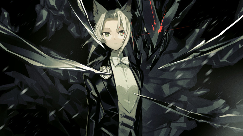 1girl animal_ear_fluff animal_ears arknights blonde_hair bow bowtie cat_ears cat_girl claws closed_mouth commentary_request flower green_eyes kal'tsit_(arknights) lapel_flower long_sleeves looking_at_viewer medium_hair mon3tr_(arknights) monster muted_color nakatani_nio open_mouth shadow sharp_teeth teeth tuxedo upper_body white_bow white_bowtie