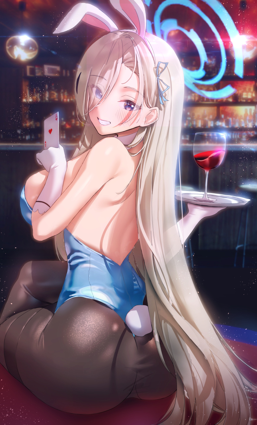 1girl absurdres alcohol animal_ears ass asuna_(blue_archive) backless_leotard bar bare_shoulders blue_archive blue_eyes blue_leotard breasts brown_legwear card cup detached_collar drinking_glass eyebrows_visible_through_hair eyes_visible_through_hair fake_animal_ears from_behind gloves grin hair_between_eyes hair_over_one_eye halo highleg highleg_leotard highres large_breasts leotard light_brown_hair long_hair looking_at_viewer looking_back pantyhose playboy_bunny playing_card po_ppe rabbit_ears rabbit_tail shoulder_blades sideboob sitting smile strapless strapless_leotard tail thighband_pantyhose tray very_long_hair white_gloves wine wine_glass