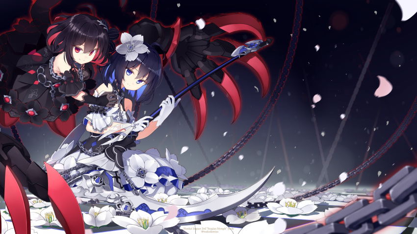 2girls absurdres bangs bare_shoulders black_dress black_gloves blue_eyes blue_hair chain claws closed_mouth commentary_request disembodied_limb dress dual_persona flower gloves hair_flower hair_ornament highres holding holding_weapon honkai_(series) honkai_impact_3rd looking_at_viewer makadamixa multiple_girls petals red_eyes red_hair scythe seele_(alter_ego) seele_vollerei seele_vollerei_(stygian_nymph) short_hair short_sleeves weapon white_dress white_flower white_gloves