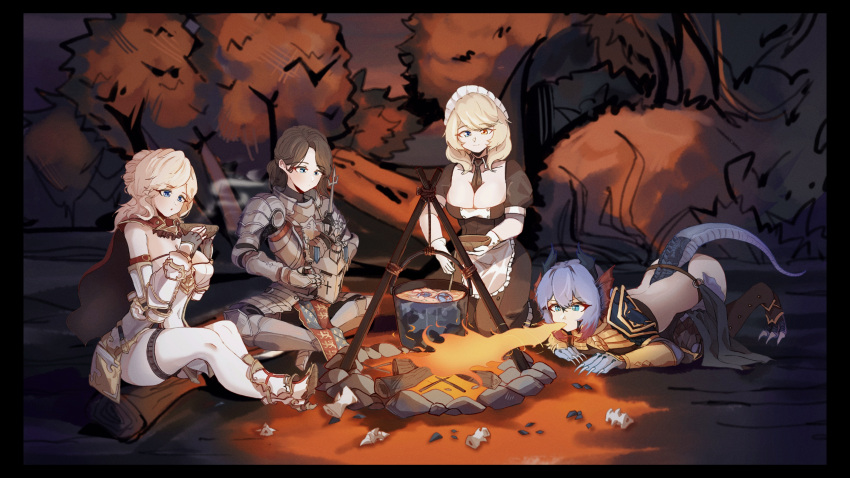4girls absurdres apron armor between_breasts black_dress black_necktie blonde_hair blue_eyes blue_hair breasts breathing_fire brown_hair campfire camping cooking dragon_horns dragon_tail dress fire firewood forest frilled_apron frills gloves helmet heterochromia highres holding holding_helmet horns invincible_(warship_girls_r) large_breasts log maid maid_apron maid_headdress multiple_girls nature necktie necktie_between_breasts outdoors peanut_huasheng plate_armor pot puffy_short_sleeves puffy_sleeves renown_(warship_girls_r) saint_george_(warship_girls_r) short_hair short_sleeves sitting tail tree waist_apron warship_girls_r white_apron white_gloves yellow_eyes