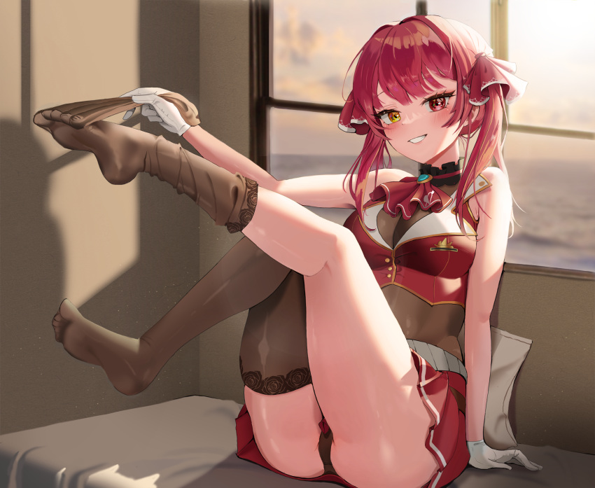 1girl ascot ass bangs bare_arms black_legwear black_panties blush breasts choker cleavage crop_top feet foot_focus frilled_choker frills gloves gold_trim grin hair_ribbon heterochromia highres hololive houshou_marine legs_up long_hair looking_at_viewer medium_breasts miniskirt no_hat no_headwear no_shoes panties pantyshot pleated_skirt red_eyes red_hair red_ribbon red_skirt red_vest ribbon single_thighhigh sitting skirt smile soles solo teeth thighhighs thighhighs_pull thighs toes twintails underwear vest virtual_youtuber white_gloves window yellow_eyes yuchae