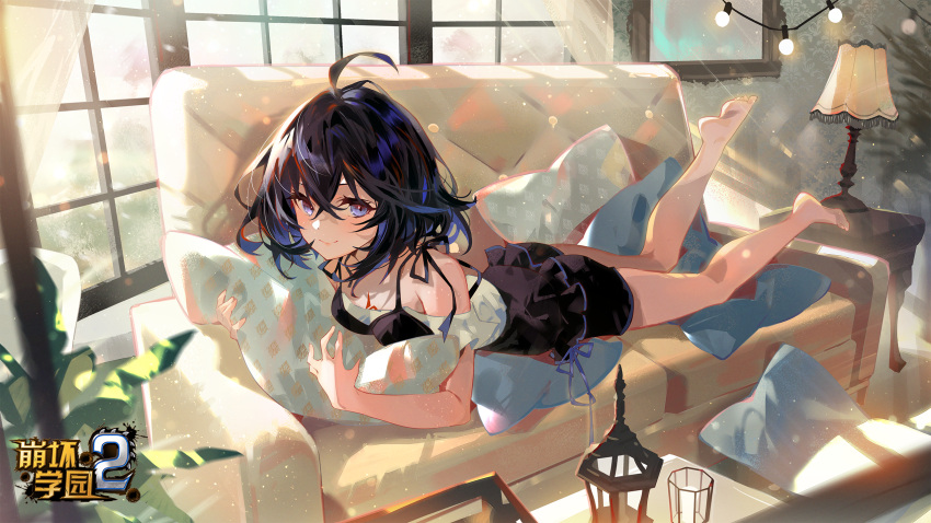 1girl ahoge arutera banned_artist bare_shoulders barefoot benghuai_xueyuan blue_eyes breasts chinese_commentary commentary_request couch full_body highres honkai_(series) honkai_impact_3rd light_particles looking_at_viewer lying medium_breasts multicolored_hair object_hug on_couch on_stomach pillow pillow_hug red_hair seele_vollerei shorts smile solo spaghetti_strap streaked_hair