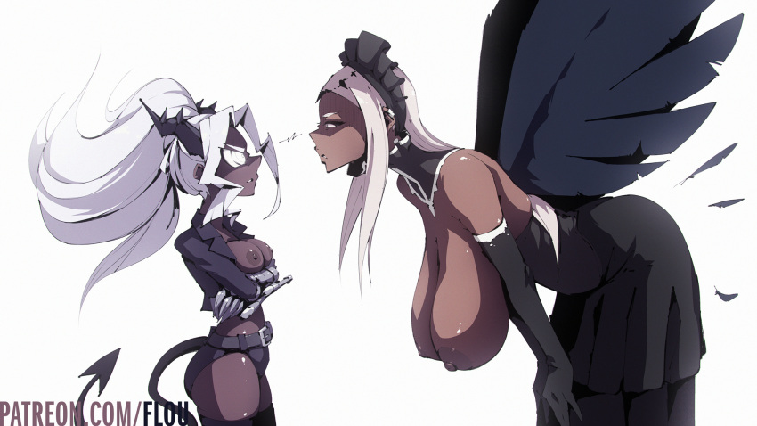 2girls areolae artist_name bangs bird_wings black_feathers black_horns black_sclera black_wings breast_hold breasts clawed_gauntlets collarbone colored_sclera colored_skin commentary crossed_arms dark-skinned_female dark_areolae dark_nipples dark_skin demon_girl demon_horns demon_tail ear_piercing english_commentary eyelashes feathered_wings flou forehead grey_eyes grey_skin hanging_breasts helltaker highres horns huge_breasts judgement_(helltaker) long_hair looking_at_another maid_headdress multiple_girls nipples original parted_bangs patreon_username piercing sidelocks silver_hair stella_(flou) tail watermark web_address white_eyes white_hair wings