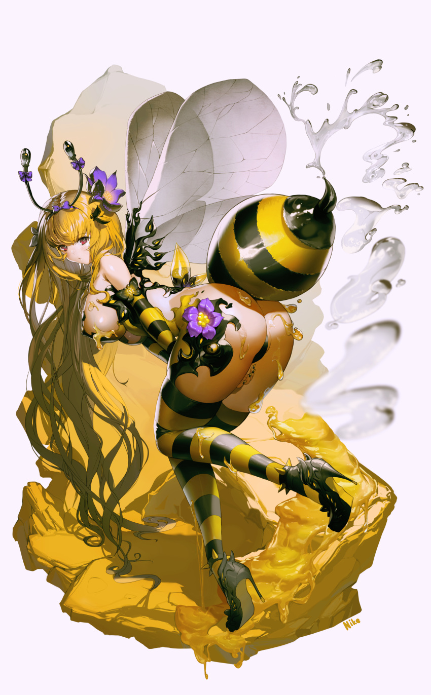 1girl absurdres antennae arthropod_girl artist_name ass bee_girl blonde_hair bow breasts commentary_request flower from_behind full_body grey_background hair_bow hair_flower hair_ornament highres honey insect_wings large_breasts long_hair looking_at_viewer nike_(nike1060) original purple_bow red_eyes simple_background solo stinger striped striped_legwear thighhighs very_long_hair wings yellow_legwear