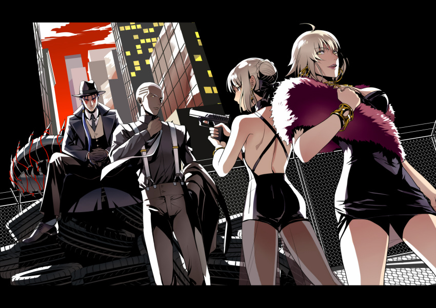 ahoge artoria_pendragon_(alter_swimsuit_rider)_(fate) artoria_pendragon_(fate) bangs black_coat black_dress black_gloves blue_hair bracelet breasts building city coat commentary_request cu_chulainn_(fate) cu_chulainn_alter_(fate/grand_order) dark-skinned_male dark_skin dress earrings eilinna emiya_alter facial_mark fate/grand_order fate_(series) fedora fence formal fur_scarf gloves gun hair_bun hair_over_shoulder handgun hat highres holding holding_clothes holding_jacket hoop_earrings interlocked_fingers jacket jeanne_d'arc_(alter)_(fate) jeanne_d'arc_(fate) jewelry letterboxed long_hair medium_breasts medium_hair necktie open_mouth own_hands_together pantyhose pistol platinum_blonde_hair ponytail red_eyes serious short_dress short_hair sitting skyscraper smile spiked_tail suit suspenders tail tire very_short_hair vest weapon white_hair yellow_eyes