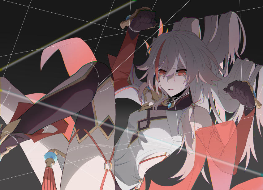 1girl :o bangs bare_shoulders breasts brown_footwear china_dress chinese_clothes dress elbow_gloves flat_chest fu_hua fu_hua_(phoenix) gloves hair_between_eyes hair_ornament highres honkai_(series) honkai_impact_3rd long_hair multicolored_hair open_mouth red_eyes red_gloves single_thighhigh sleeveless sleeveless_dress small_breasts solo streaked_hair thighhighs vanyayoe3 white_dress white_hair wire