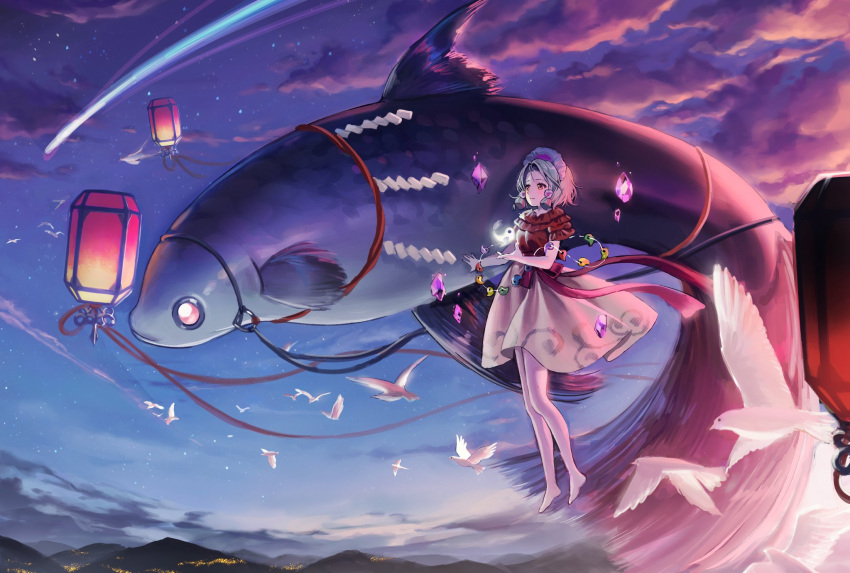 1girl bangs banned_artist barefoot blonde_hair breasts cloud cloudy_sky comet commentary_request earrings fish floating frilled_shirt frills full_body gem hajin highres jewelry lantern light_blush looking_afar magatama magatama_earrings magatama_necklace medium_breasts medium_hair mountainous_horizon orange_eyes orb parted_bangs red_shirt rope shimenawa shirt skirt sky smile solo tamatsukuri_misumaru tiara touhou white_bird yellow_skirt yin_yang yin_yang_orb