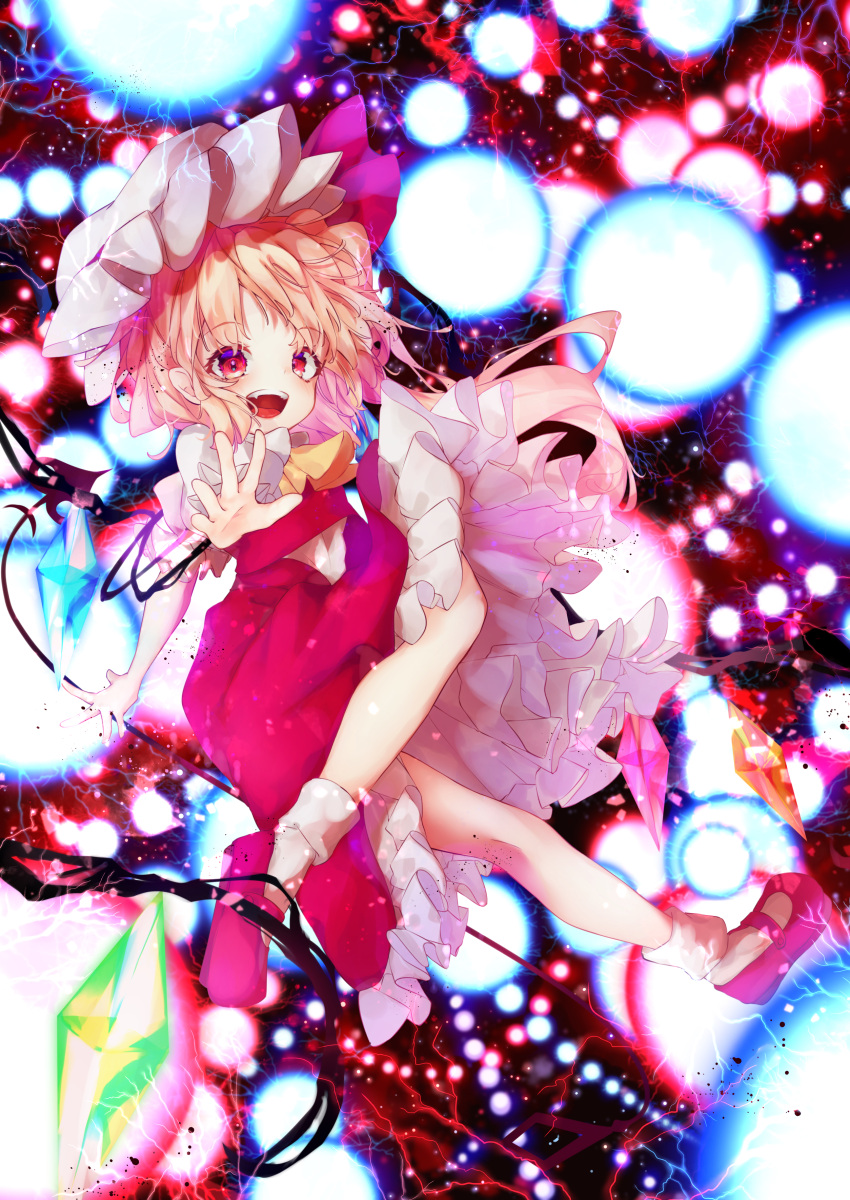 1girl absurdres ascot blonde_hair bow calpis118 crystal danmaku flandre_scarlet frilled_shirt frilled_shirt_collar frilled_skirt frilled_sleeves frills hat hat_ribbon highres mob_cap open_mouth puffy_short_sleeves puffy_sleeves red_bow red_eyes red_ribbon red_skirt red_vest ribbon shirt short_hair short_sleeves skirt solo spell spell_card touhou vest white_shirt wings yellow_ascot