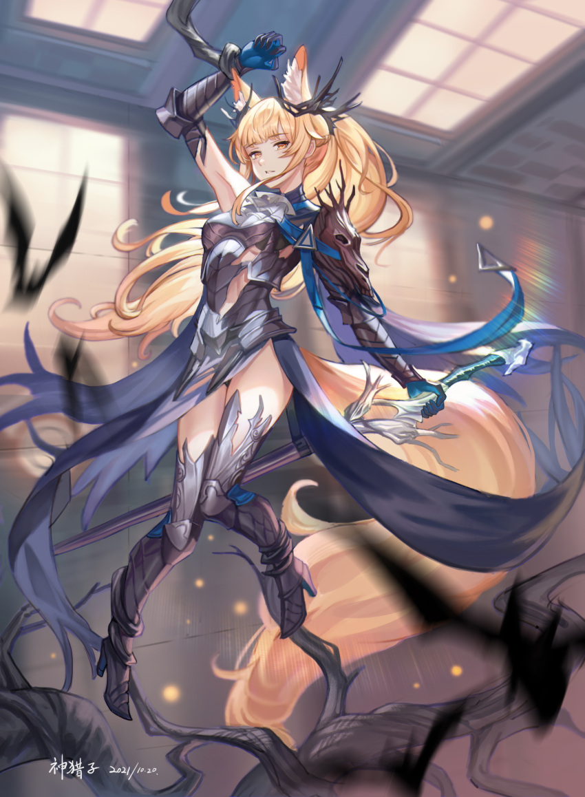 1girl absurdres animal_ear_fluff animal_ears arknights arm_guards arm_up armor armored_boots armored_dress armpits artist_name bangs bare_tree bat black_bra black_dress blemishine_(arknights) blemishine_(moon_catastrborn)_(arknights) blue_gloves blunt_bangs blush boots bound bound_legs bound_wrists bra breasts dated dress eyebrows_visible_through_hair full_body gloves god_hunter grey_footwear high_heel_boots high_heels highres holding holding_sword holding_weapon horse_ears horse_girl horse_tail lens_flare long_hair looking_at_viewer medium_breasts monster motion_blur official_alternate_costume orange_eyes parted_lips ponytail sidelocks sign skill solo suspension sword tail thigh_boots thighhighs torn_clothes torn_dress tree underboob underwear very_long_hair waist_cape weapon window