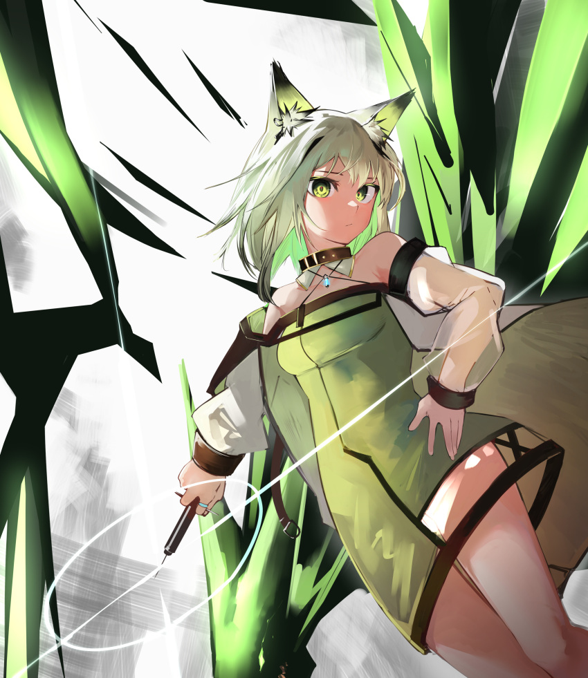 1girl absurdres animal_ear_fluff animal_ears ao_oni_(onioni-aoi) arknights bangs bare_shoulders cat_ears closed_mouth coat collared_shirt commentary_request dated dress eyebrows_visible_through_hair feet_out_of_frame green_dress green_eyes green_hair hand_on_hip highres holding holding_syringe jewelry kal'tsit_(arknights) looking_at_viewer medium_hair mon3tr_(arknights) off-shoulder_dress off_shoulder open_clothes open_coat oripathy_lesion_(arknights) partial_commentary ring shirt solo standing syringe white_coat