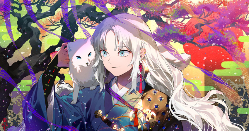 1boy animal_on_shoulder aqua_eyes armor closed_mouth commentary earrings grey_hair highres japanese_armor jewelry kazari_tayu light_smile long_sleeves male_focus original parted_bangs patterned_background shadow silk solo symbol-only_commentary tassel tassel_earrings transparent wavy_hair white_hair wide_sleeves wolf