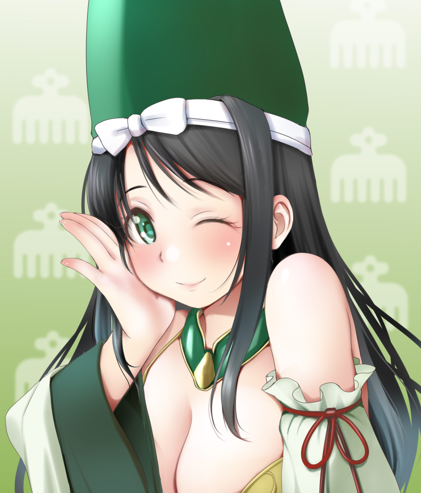 1girl black_hair breasts cleavage closed_mouth detached_sleeves green_background green_eyes green_headwear hand_on_own_cheek hand_on_own_face hand_up hat highres imagawa_yoshimoto_(sengoku_otome) kozue_akari large_breasts long_hair long_sleeves looking_at_viewer sengoku_otome smile solo upper_body wide_sleeves