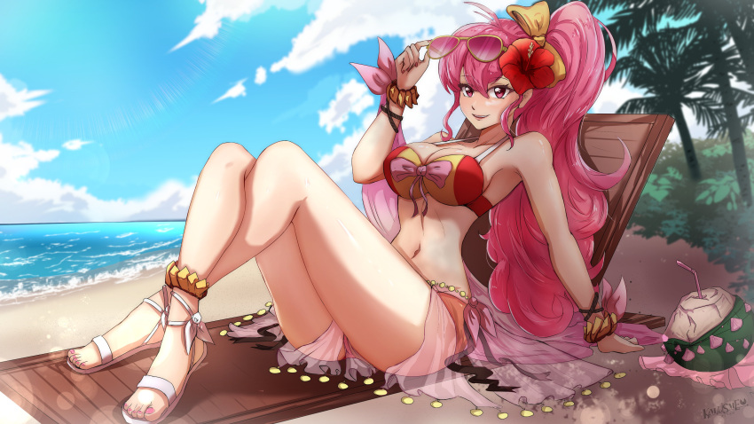 1girl absurdres alternate_costume ankle_ribbon anklet arm_support beach beach_chair bendy_straw big_hair bikini blurry blurry_background blush bow bracelet breasts cloud coconut commission crossed_legs drinking_straw english_commentary eyebrows_visible_through_hair eyewear_on_head fire_emblem fire_emblem:_new_mystery_of_the_emblem flower fruit_cup hair_bow hair_flower hair_ornament highres jewelry kamilisme large_breasts long_hair looking_at_viewer nail_polish navel ocean palm_tree phina_(fire_emblem) pink_bow pink_eyes pink_hair ponytail red_bikini red_flower ribbon sand sandals sarong second-party_source see-through shadow sidelocks sitting smile solo sunglasses swimsuit thighs tree two-tone_bikini very_long_hair white_bikini wrist_bow yellow_bow
