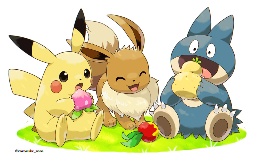 berry_(pokemon) black_eyes closed_eyes commentary_request eating eevee fang grass highres holding munchlax no_humans open_mouth pikachu pokemon pokemon_(creature) rorosuke sitrus_berry sitting smile tongue twitter_username white_background