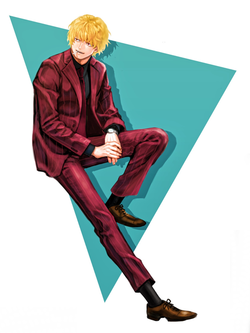 1boy alternate_costume alternate_hairstyle blonde_hair cigarette collared_shirt commentary_request donquixote_rocinante formal full_body highres male_focus necktie one_piece red_suit shirt short_hair solo striped toyoura_(23066494) watch wristwatch younger