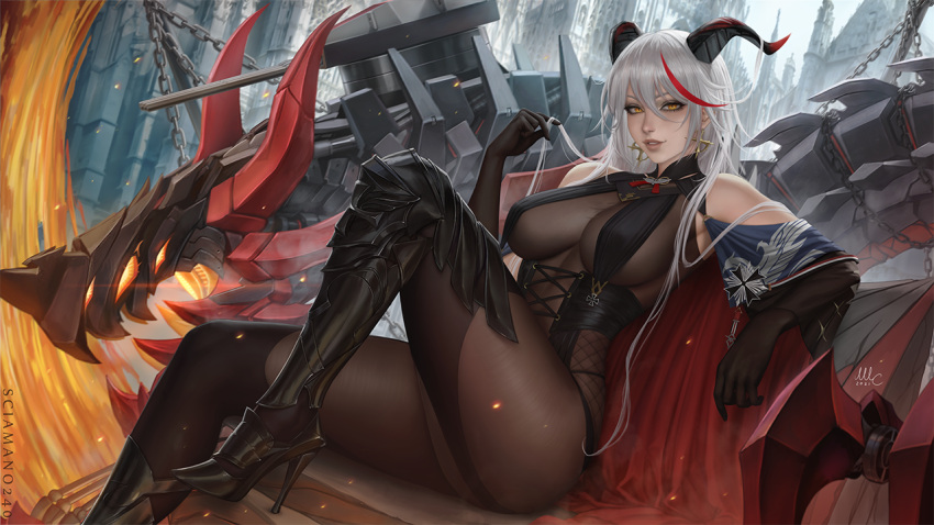 1girl aegir_(azur_lane) armored_boots artist_name ass asymmetrical_footwear azur_lane black_cape bodystocking boots breast_curtains breasts cape cross cross-laced_clothes cross_earrings demon_horns earrings hair_between_eyes hair_on_horn high_heels horns impossible_clothes iron_cross jewelry knee_boots large_breasts lips looking_at_viewer mechanical_dragon multicolored_hair nose red_hair sciamano240 silver_hair single_knee_boot skin_tight sleeves streaked_hair two-tone_hair underbust uneven_footwear yellow_eyes