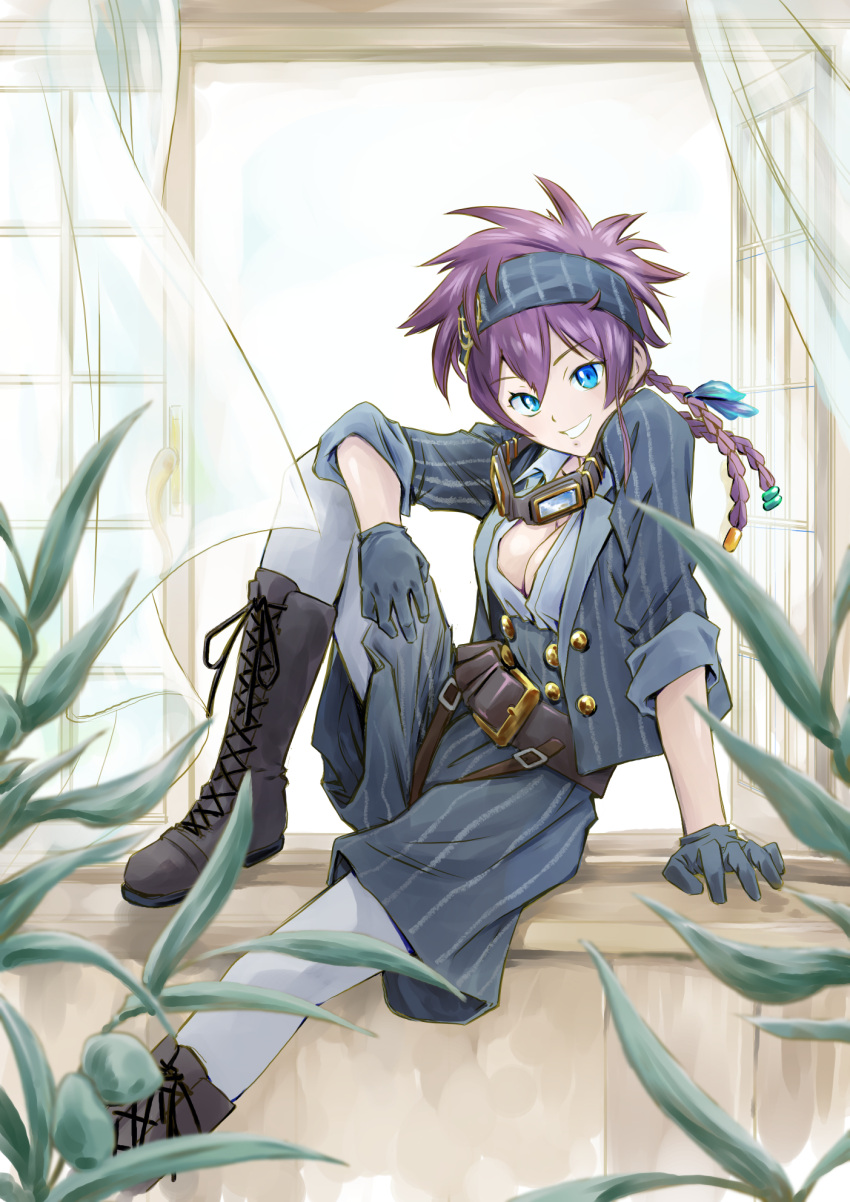 1girl belt black_footwear blue_eyes boots braid breasts cleavage curtains day gloves goggles goggles_around_neck grey_gloves grey_headband highres indoors knee_boots knee_up kouya_no_kotobuki_hikoutai nass_na plant purple_hair remi_(kouya_no_kotobuki_hikoutai) shirt sitting smile solo striped striped_shirt wind window