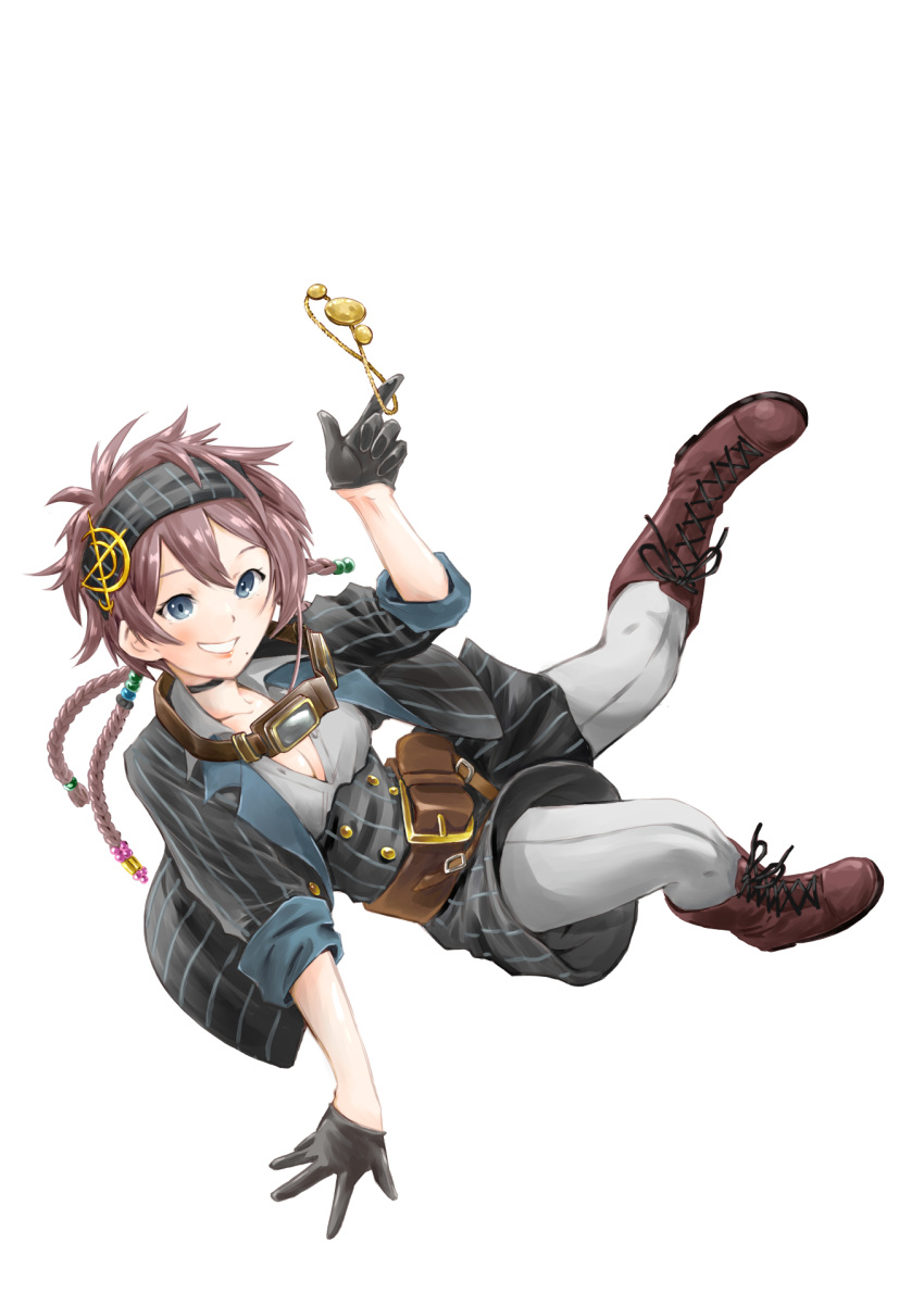 1girl beads belt black_gloves blue_eyes boots braid breasts brown_footwear brown_hair cleavage cross-laced_footwear full_body gloves goggles goggles_around_neck hair_beads hair_ornament hairband highres jewelry jewelry_removed kouya_no_kotobuki_hikoutai lace-up_boots long_hair medium_breasts nass_na necklace necklace_removed remi_(kouya_no_kotobuki_hikoutai) shirt short_hair shorts smile solo striped striped_shirt white_background