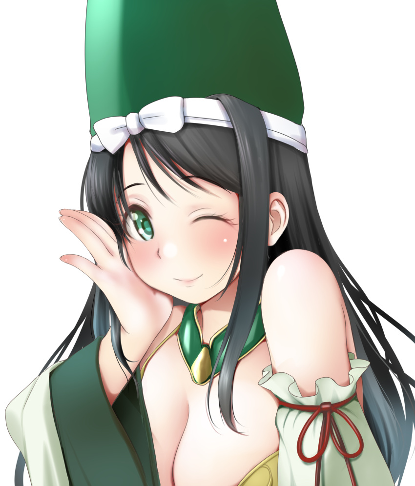 1girl black_hair breasts cleavage closed_mouth detached_sleeves green_eyes green_headwear hand_on_own_cheek hand_on_own_face hand_up hat highres imagawa_yoshimoto_(sengoku_otome) kozue_akari large_breasts long_hair long_sleeves looking_at_viewer sengoku_otome simple_background smile solo transparent_background upper_body wide_sleeves