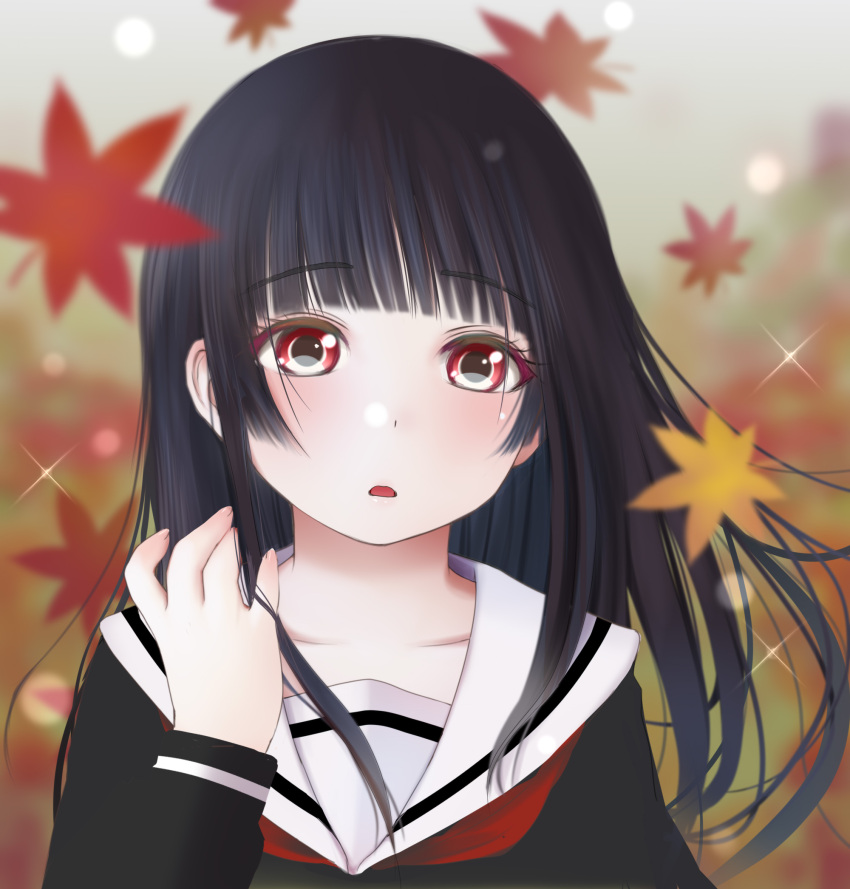 1girl autumn_leaves bangs black_hair black_shirt blurry blurry_background blurry_foreground collarbone depth_of_field enma_ai eyebrows_visible_through_hair hand_up highres jigoku_shoujo kozue_akari leaf long_hair long_sleeves looking_at_viewer maple_leaf parted_lips red_eyes sailor_collar school_uniform serafuku shirt solo sparkle upper_body white_sailor_collar