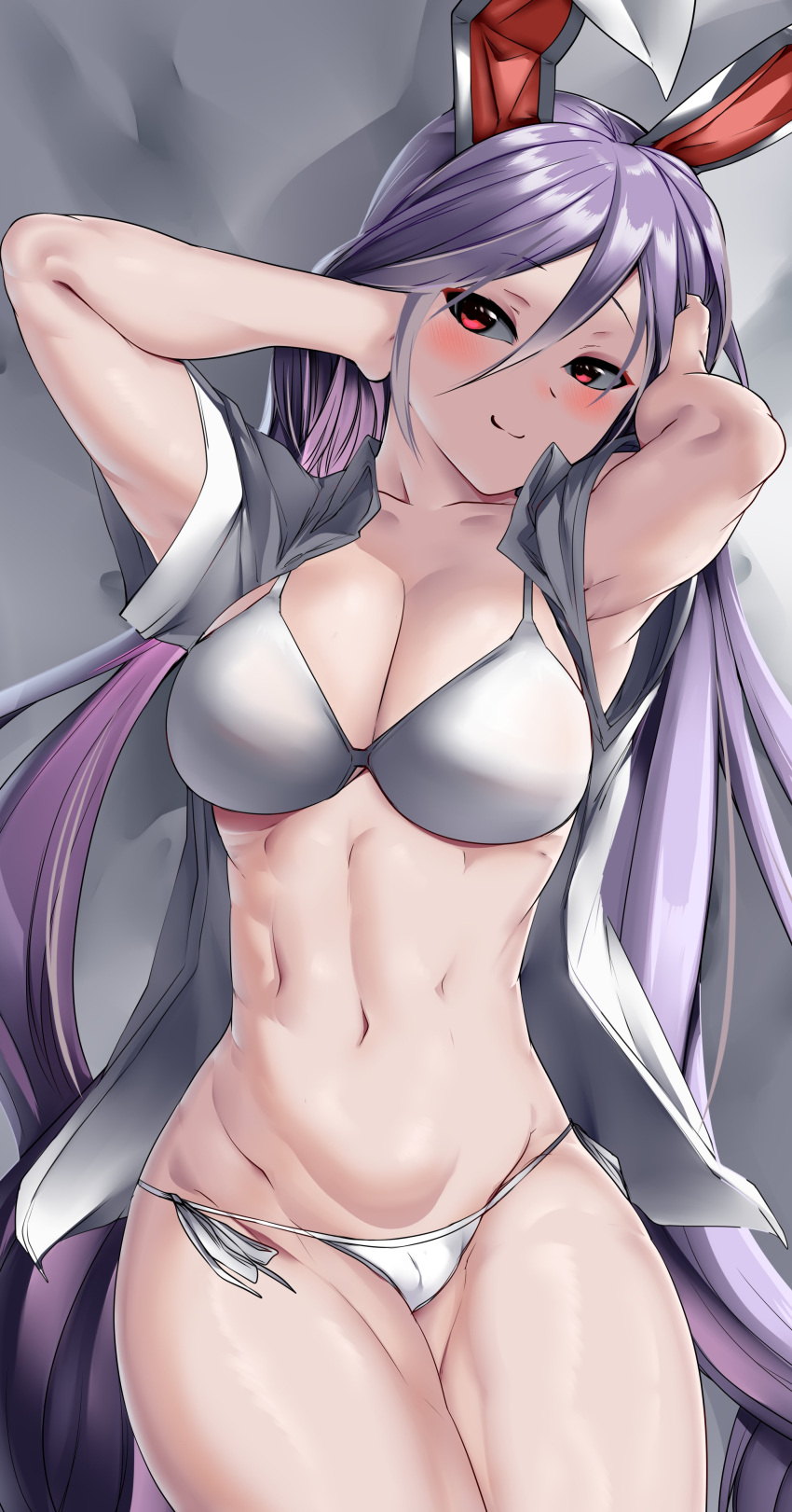 1girl absurdres animal_ears armpit_crease arms_up bangs blush bra breasts cleavage collarbone collared_shirt hair_between_eyes highres large_breasts light_purple_hair long_hair looking_at_viewer lying mizuga muscular muscular_female navel on_back on_bed open_clothes open_shirt panties rabbit_ears reisen_udongein_inaba shiny shiny_hair shirt short_sleeves smile solo stomach symbol-only_commentary thick_thighs thighs toned touhou underwear white_bra white_panties white_shirt wing_collar