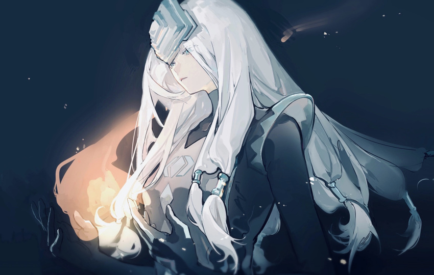 1girl black_background chenhuijiefensi closed_mouth eyes_visible_through_hair fire from_side grey_hair highres long_hair looking_down sky:_children_of_the_light solo teth_(sky:_children_of_the_light) tied_hair white_hair